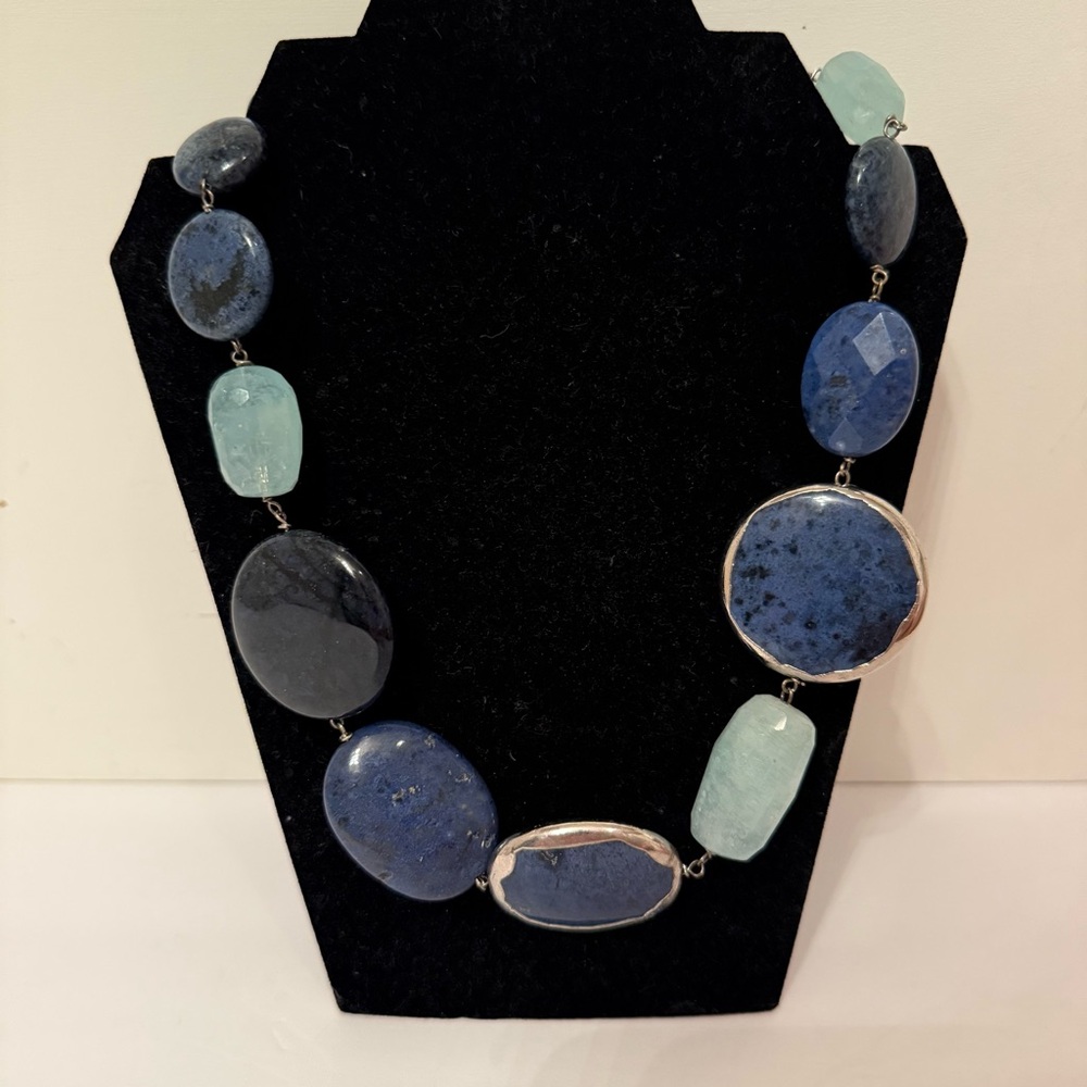 NECKLACE DUMORTIERITE BLUE & GREEN QUARTZ CHUNKY STATEMENT STERLING SILVER 925